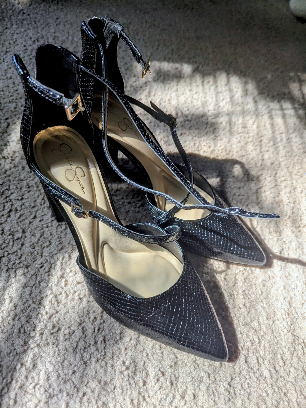 Jessica Simpson Black Snakeskin Pointed-Toe Ankle-Strap Heels US9.5